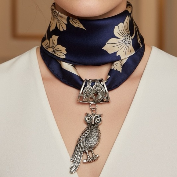 Vintage Jewelry - ⚜️3 for $30⚜️ Burnished Silver Owl Scarf Ring Pendant Oxidised Athena Filigree